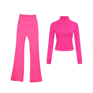 Women's Blue 2 Piece Yoga Set Full <b>Zip</b> Jacket Flare Pants High Waist Seamless Stretchy Workout Suit - Product Image 5