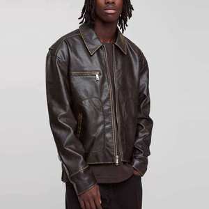 Vintage Byron Collar Streetwear <b>Leather</b> <b>Jacket</b> <b>Winter</b> Wear <b>Leather</b> Bomber <b>Jacket</b> Custom Logo & Design Full Zip-up <b>Leather</b> <b>Jacket</b> - Product Image 1