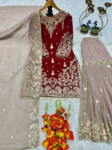 Conjunto Kurti Sharara de Lujo para Mujer, Color Granate, con Bordado Intenso y Dupatta – Traje Étnico de Diseñador para Bodas y Fiestas - Product Image 5