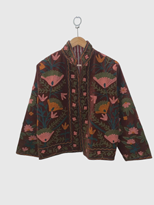 Hand Embroidered Floral Velvet Jacket Mandarin Collar Full Sleeve Plus Size Women'<b>s</b> Autumn Coat Prairie Chic Style - Product Image 1