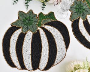 Handmade Beaded Pumpkin Placemat Fabric <b>Table</b> Mat Novelty Design Black White Stripes Green Leaves Custom Shape - Product Image 1