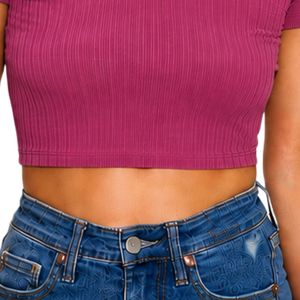 Top Corto Acanalado Magenta para Mujer, Manga Corta, Cuello Redondo, Ajuste Delgado, Camiseta Casual de Punto, Moda de Verano, Algodón Elástico y Spandex, Básico - Product Image 6