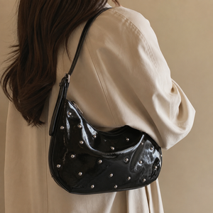Black Waterproof PU Arm <b>Bag</b> <b>Silver</b> Rivets Zipper Closure Single Strap Fashion Women's Shoulder Smooth Surface Daily Life Use All - Product Image 4