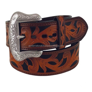 Ceinture en cuir unisexe vintage marron style western avec gravures florales et boucle ardillon en laiton antique de designer – Vente en gros - Product Image 1