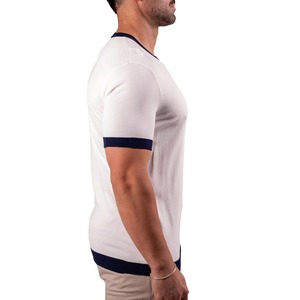 Camiseta Blanca de Cuello Redondo y Manga Corta para Hombre con Ribete en Contraste Azul Marino, de Algodón Tejido, Talla Grande, Largo Regular, Color Sólido - Product Image 5