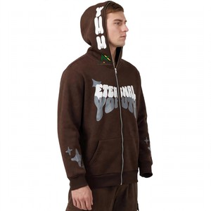 Sudadera con capucha retro personalizada marrón Eternal Youth con cremallera para hombre, estilo urbano, forro polar Sherpa, gráfico de estrellas, venta al por mayor de fábrica OEM - Product Image 3