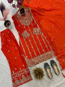 Conjunto Étnico de Traje para Mujer de Seda Chinon Pura con Bordado de Secuencia Codificada, Mangas Largas, Pantalón Plazzo y Dupatta a Juego - Product Image 5