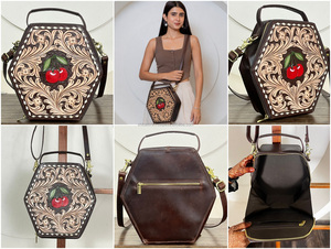 Brand New 2026 Crossbody <b>Bag</b> Coffin Shaped Leather Handmade Tooled Genuine Cow Leather Cherry Purse Vintage Cowgirl Handbags - Product Image 3