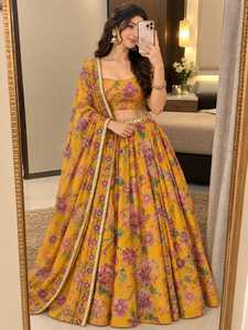 <b>Women</b> Mustard Yellow Floral Print 100% Silk <b>Short</b> Top Lehenga Choli <b>Set</b> with Dupatta Sequins Mirror Work Embroidery 3 Piece - Product Image 4
