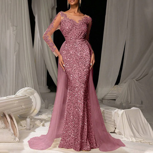 Abito da sera di lusso a sirena marrone <span class=keywords><strong>con</strong></span> paillettes, da donna, a maniche lunghe, <span class=keywords><strong>con</strong></span> mantello in <span class=keywords><strong>tulle</strong></span>, abito formale da ballo personalizzato - Product Image 5