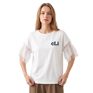 Chemisier blanc personnalisé pour femme à manches volantées transparentes, broderie chenille, coupe ample, col rond, style décontracté - Product Image 1
