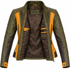 Chaqueta de cuero para mujer, verde oliva y amarillo en contraste, estilo racer, cuello alto, cremallera, corte ajustado, estilo vintage, estilo motero, abrigo informal para mujer - Product Image 5