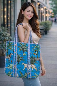 Handmade Vintage Large Tote Handbag Quilted <b>Patchwork</b> Indian Cotton Washable Grocery <b>Bag</b> Printed Design for Women's Daily Use - Product Image 3