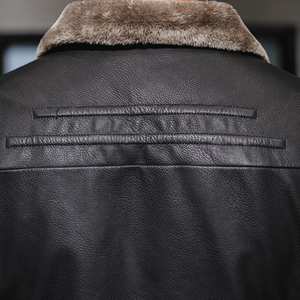Veste en cuir marron pour homme avec col en fausse fourrure, fermeture éclair, coupe ajustée, style moto, vêtement d'hiver, couleur unie, longueur normale - Product Image 4