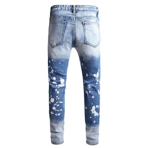 Light Blue Mid Waist Men's <b>Jeans</b> Casual Stretch Hole Tie-Dye Pencil Pants Street Slim Fit Mens Ripped <b>Jeans</b> - Product Image 2