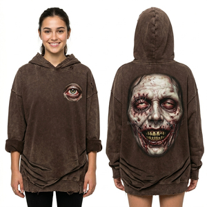 Sudadera con capucha verde salvia personalizada para mujer, con estampado de hueso de columna vertebral en la parte delantera y gráfico de zombie radioactivo en la parte trasera, estilo oversize y desgastado. - Product Image 2