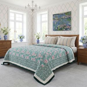 Nueva tendencia: Colcha de algodón con estampado floral verde azulado, tamaño twin, hecha a mano, reversible, para todas las estaciones, a precio económico. - Product Image 3