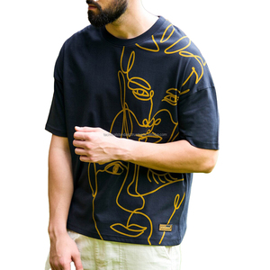 T-shirts personnalisés surdimensionnés en toile, imprimés en relief, 300g, respirants, tendance, en coton et bambou, style décontracté urbain, haute couture - Product Image 1