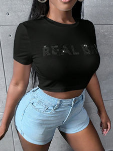 T-shirt court en coton côtelé de haute qualité pour femme, avec strass, extensible, style baby tee, idéal pour l'été - Product Image 5