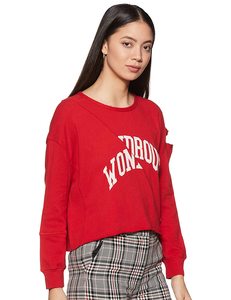 Women's <b>Red</b> Crewneck Sweatshirt With Front Logo And Side Cutout Design Casual Long Sleeve Knitted <b>Top</b> Autumn Wear - Product Image 3