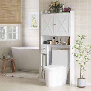 Mobile da Bagno Bianco Stile Rustico con Ripiano Regolabile e Ante Scorrevoli per Stoccaggio Sopra il WC - Product Image 2