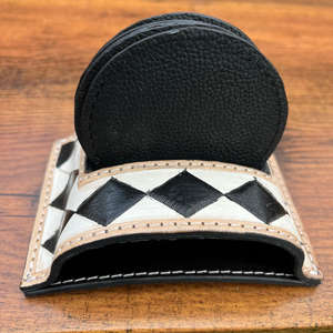 Designer Checkerboard Genuine Leather Round Coasters 4 pcs Set Coffee Table <b>Mat</b> Cup <b>Mat</b> for Drinks Custom Logo Office Home Decor - Product Image 6