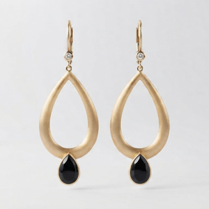 Gold Plated Sterling Silver <b>Black</b> Onyx <b>Dangle</b> Hammered Oval Drop <b>Earrings</b> with Lobster Clasp for Women Wedding Engagement - Product Image 1