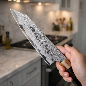 Couteau de chef artisanal Edge Master Manufacture, lame en acier Damas hautement polie de 8 à 9,9 pouces, manche en bois ambidextre, étui en cuir - Product Image 4