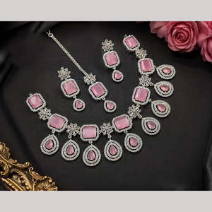 Fine American Diamond <b>Bridal</b> <b>Jewelry</b> <b>Set</b> with Maang Tikka-Zircon Necklace - Product Image 1