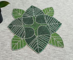 Handmade Flower Shape Fabric <b>Placemat</b> Green Beaded Leaf Design Bohemian Table Mat Decorative <b>Set</b> - Product Image 1