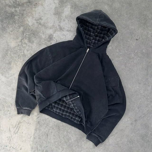 Sudadera con Capucha Unisex Vintage de Alta Calidad, Estilo Streetwear, con Lavado Ácido, Diseño de Cuadrícula y Cierre de Doble Capa - Product Image 3