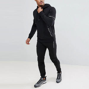 Men's Black Hooded Breathable Fleece Tracksuit <b>Full</b> <b>Zip</b> <b>Sweatshirt</b> Drawstring Closure Side Pockets Casual Solid Color Polyester - Product Image 3