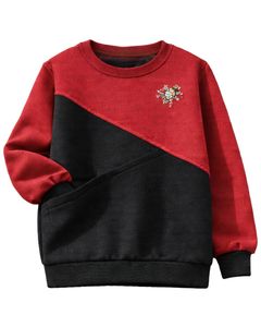 Sweat-shirt pour femme bicolore rouge et noir en polaire douce, col rond, décontracté, pull d'hiver avec détails brodés, vêtement tendance - Product Image 1