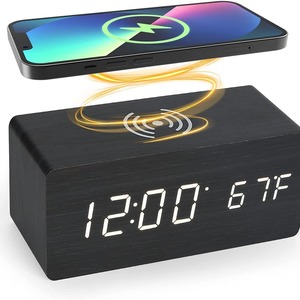 Wooden Digital Smart <b>Table</b> <b>Clock</b> Wireless Charging Alarm <b>Clock</b> LED Display Temperature Calendar Desk <b>Clock</b> for Bedroom - Product Image 6