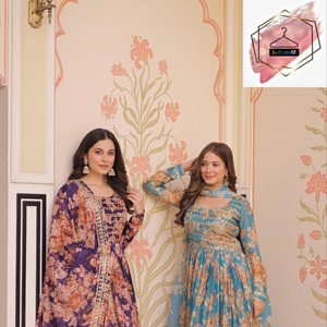 Bordado de secuencia pesada de seda rusa con vestido de trabajo de impresión digital manga completa y trabajo de secuencia bordado de cuatro lados Dupatta - Product Image 1