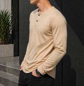 <b>Men's</b> Beige Long Sleeve <b>Henley</b> <b>Shirt</b> Regular Fit V-neck Knitted Casual Solid Color Regular Length STELLAR Polyester/Cotton - Product Image 3