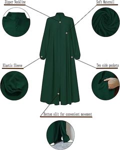 Women Long Sleeve Floor Length <b>Abaya</b> Solid Color Stand Collar Loose Fit Modest Muslim Dress Daily Wear Plus Size Green - Product Image 4