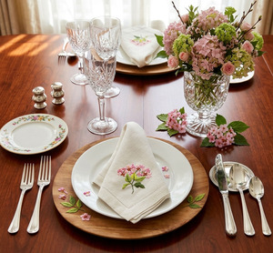 Servilletas de Tela Personalizadas al por Mayor, de Lino/Algodón Color Crudo, en Todos los Tamaños, Bordadas con Hortensias, Servilletas de Cena con Dobladillo Cosido - Product Image 3