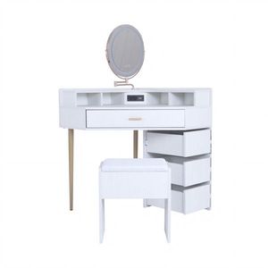 Ensemble coiffeuse et tabouret blanc avec miroir éclairé tricolore amovible, quatre tiroirs et prises intégrées - Product Image 3