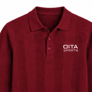 Burgundy <b>Mens</b> <b>Long</b> <b>Sleeve</b> Knitted <b>Polo</b> <b>Shirt</b> Textured Stripe Pattern Ribbed Collar Cuffs Smart Casual Pullover Fashion Top - Product Image 3