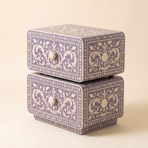 Bone Inlay Bedside Table With 2 <b>Drawers</b> Luxury Lavender Floral Nightstand Premium Indian Handicrafts Wooden <b>Side</b> Table - Product Image 4