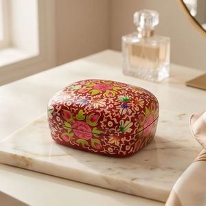 Boîte à bijoux ovale traditionnelle avec couvercle imprimé motif floral rouge, étui de rangement 3,3x2,3x1,8 po - Product Image 2