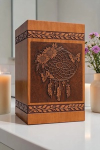 Engraved American Style Dreamcatcher Sunflower Butterfly <b>Memorial</b> Cremation Urn <b>Box</b> Eco-Friendly Durable Wooden Keepsake - Product Image 2