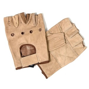 Gants de motard mi-doigts en cuir véritable premium couleur Tan désert avec design ventilé et sangle réglable – Fournisseur en gros - Product Image 2