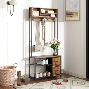 Panca da ingresso 5 in 1 con appendiabiti, 3 ripiani portaoggetti, 2 cassetti in tessuto - Mobile ingresso con contenitore per scarpe, marrone - Product Image 2