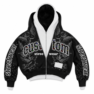 Sudadera con Capucha Personalizada de Algodón 100% Lavado Estilo Vintage, Sudadera con Cremallera y Bordado Digital de Moda, Detalle de Pedrería, Ropa Urbana Ecológica - Product Image 1