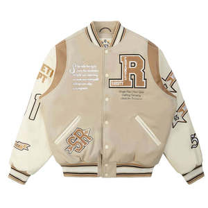 Men's Beige Varsity <b>Jacket</b> Embroidered Letter R <b>Stars</b> Regular Fit Stand Collar Button Closure Eco-Friendly Windproof HIGH STREET - Product Image 1