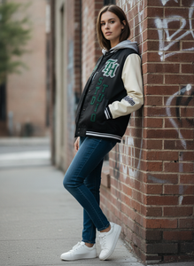 Chaqueta Varsity Negra para Hombre con Mangas Crema, Logotipo Bordado, con Capucha, Estilo Preppy, para Otoño - Product Image 6