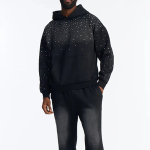 Conjunto de Sudadera con Capucha y Pantalones Deportivos Negros con Pedrería para Hombre, Ropa Deportiva de Lujo, Felpa de Algodón Premium, Corte Holgado, Invierno, Ecológico - Product Image 1