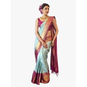 Sari de seda LICHI suave y a la moda con blusa sin coser en verde marino - Product Image 1